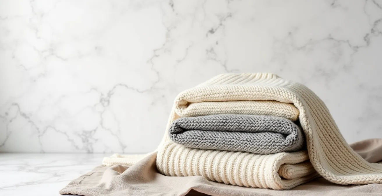 Composition minimaliste de pulls et cardigans français dans des tons neutres disposés harmonieusement