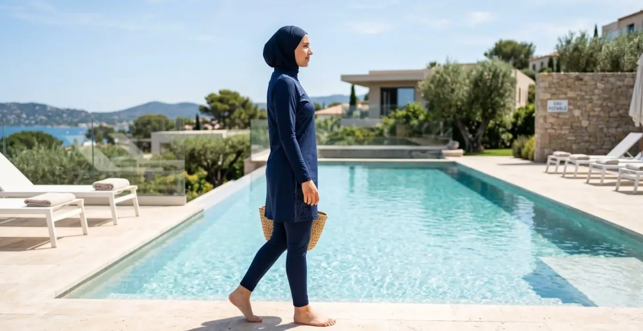 Une femme en burkini moderne vu de profil se tient debout au bord d'une piscine contemporaine sous un ciel lumineux