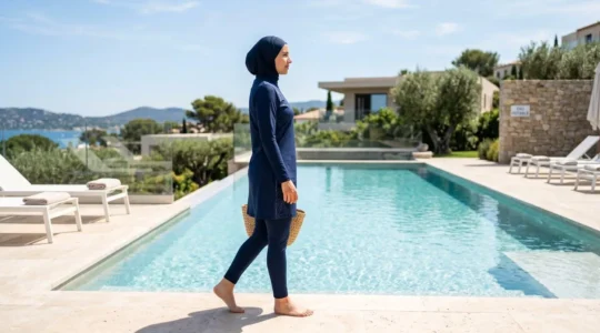 Une femme en burkini moderne vu de profil se tient debout au bord d'une piscine contemporaine sous un ciel lumineux