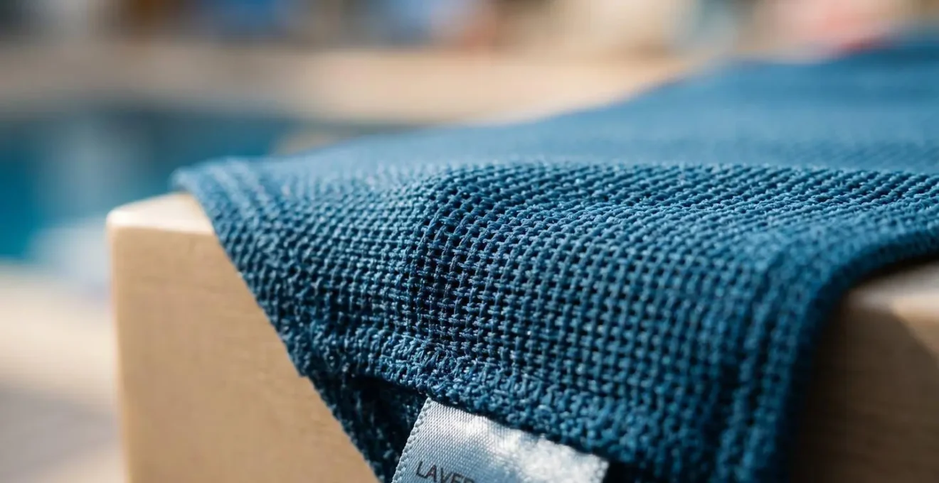 Gros plan macro sur la texture d'un tissu de maillot de bain montrant la trame serrée et l'élasticité de la matière