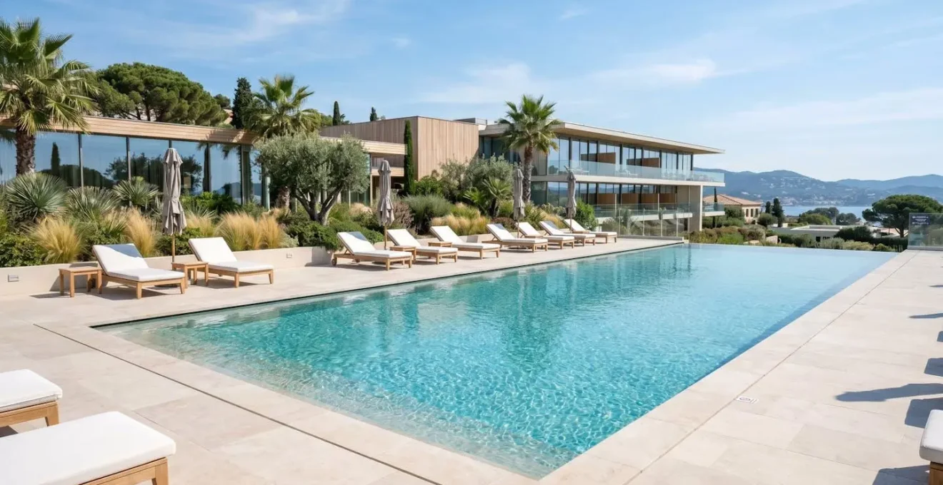 Vue grand angle d'une piscine moderne vide avec transats et environnement contemporain lumineux sous un ciel ensoleillé